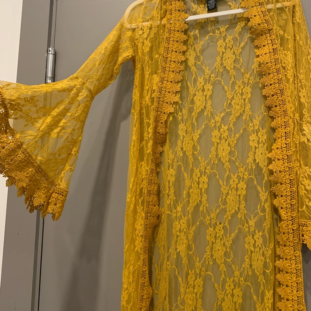 Mustard Yellow Long-Sleeve Lace Duster